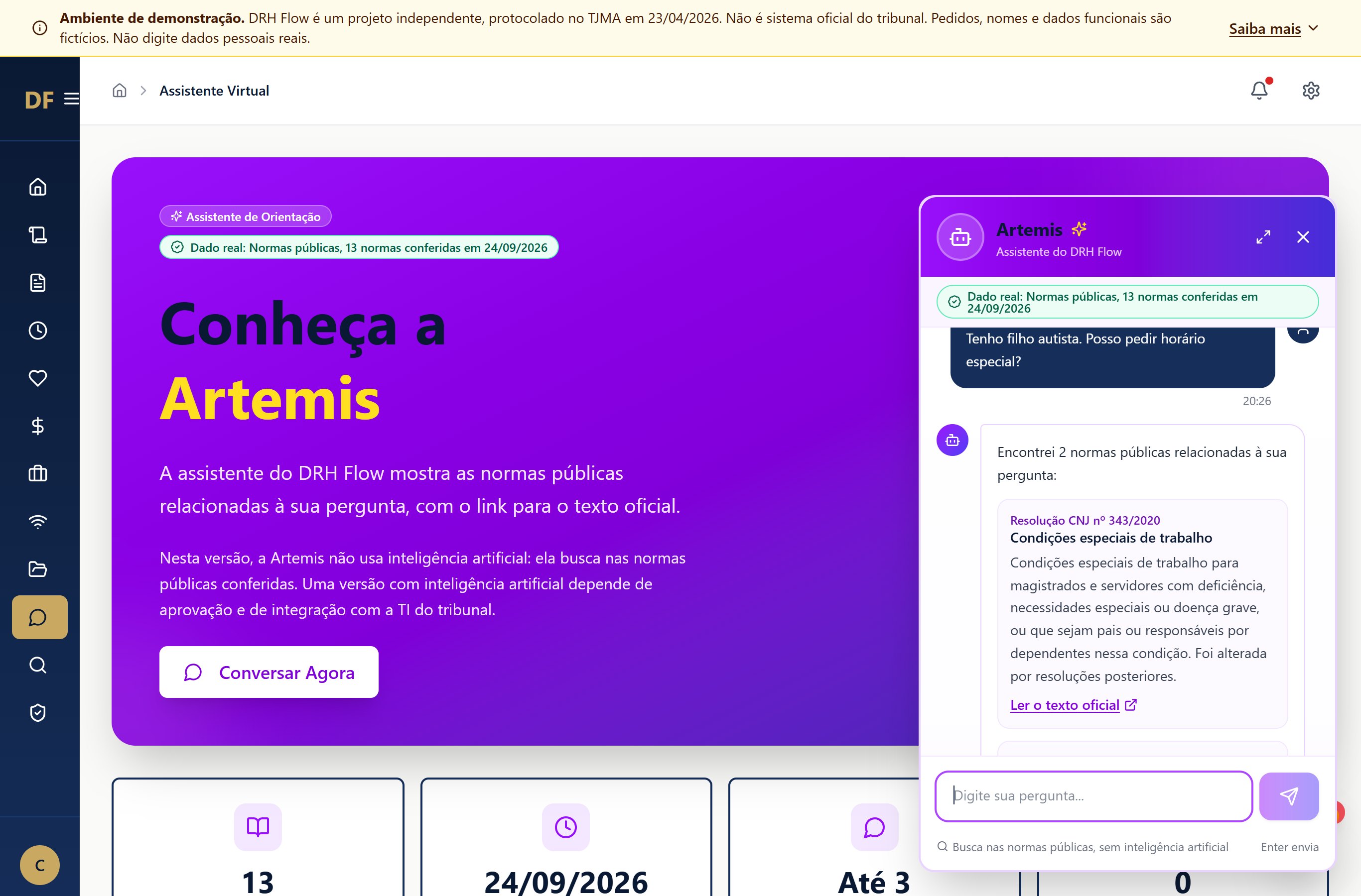 Tela documentada do DRH Flow com orientação normativa e status de demonstração